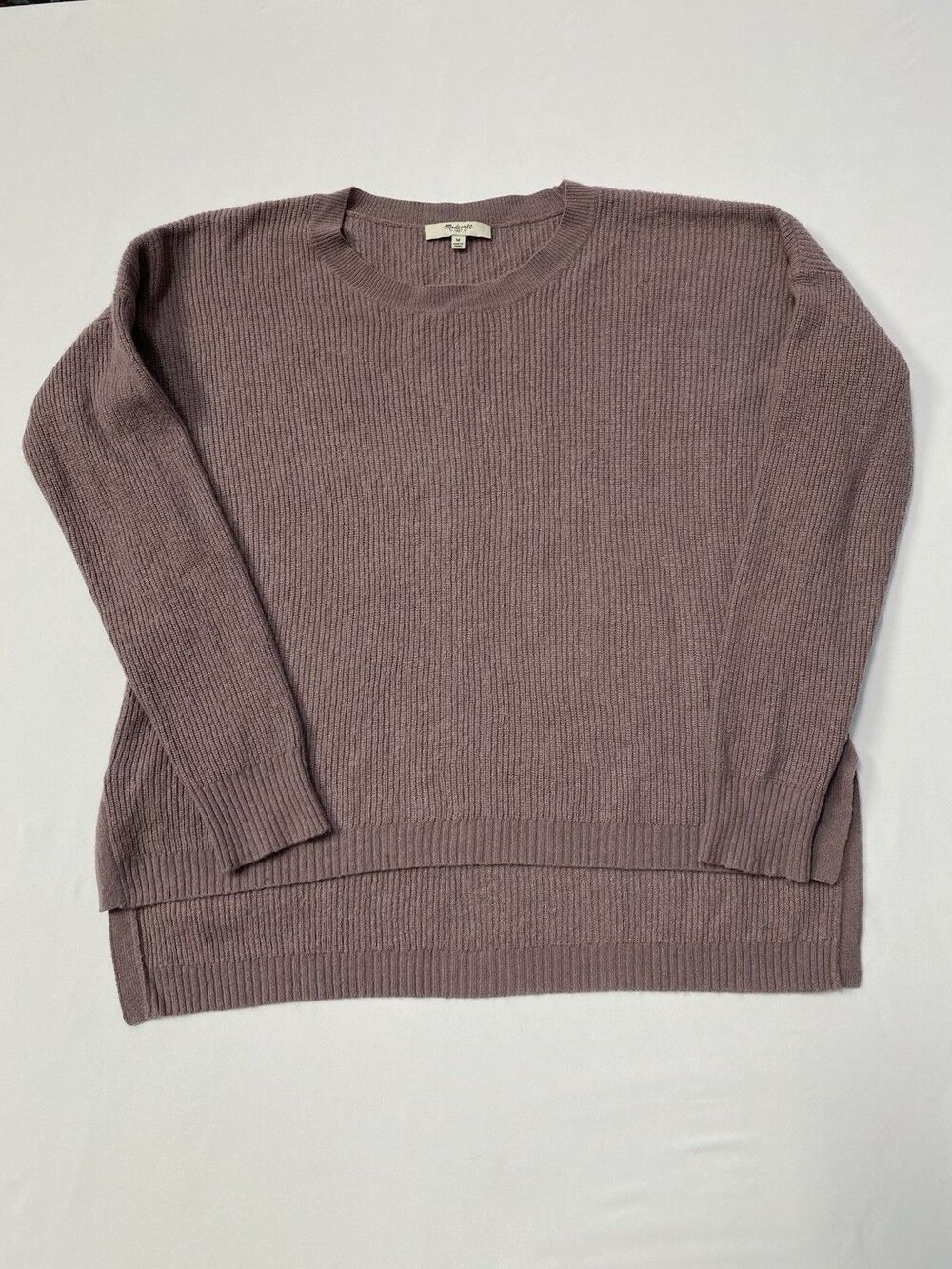 Madewell M Dusty Mauve Ribbed Crewneck Sweater High Low Slit Cozy Pullover Knit